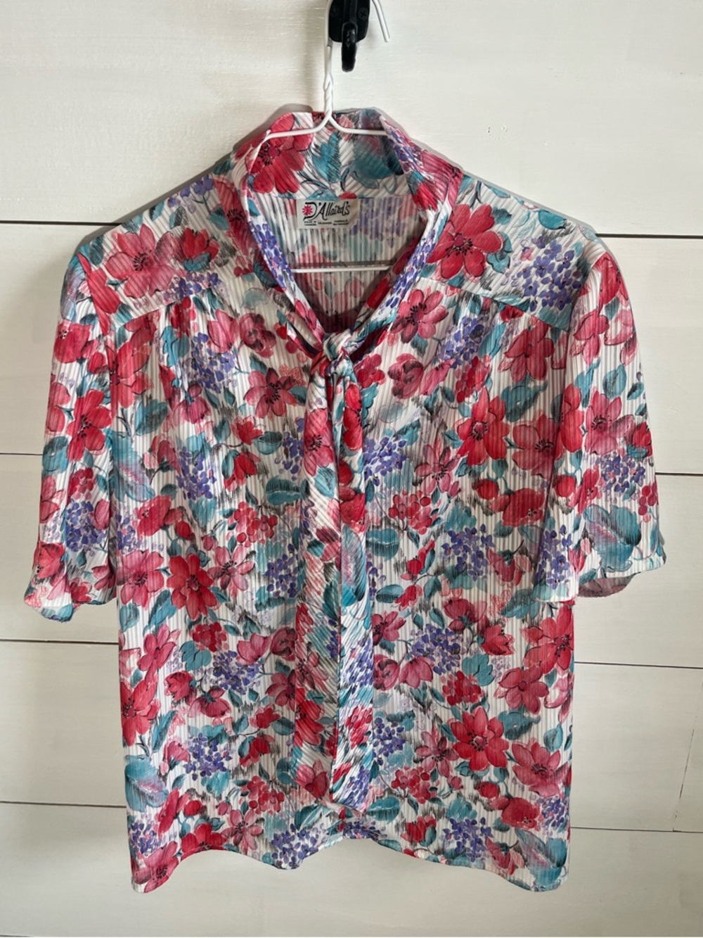 D’Allaird’s Vintage Floral Tie-Neck Short Sleeve Shirt with Tie around the Neck